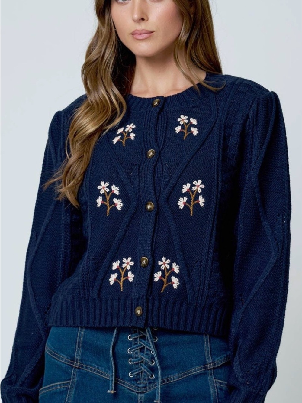 Floral Embroidered Cable Knit Button Down Cardigan